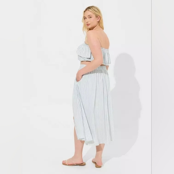Torrid Tea length Rayon Slub Ruffle Top Skirt Set Sunday Stripe Cloud Dancer - Picture 2 of 14